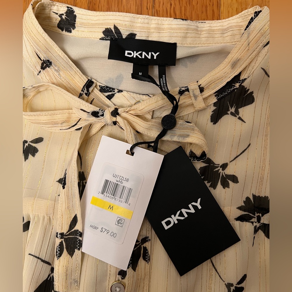 DKNY Ivory Blouse with Black Leaf Print and Gold Thread M - Picture 9 of 13